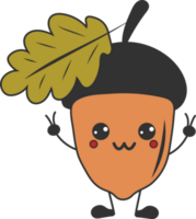 Cute happy funny acorn with kawaii eyes. Cartoon cheerful fall mascot png