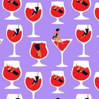 Seamless pattern with Trendy female characters swimming jumping into the glass.People suffering from hard drinking. Concept illustration with depressed characters sink in various alcohol glasses. vector