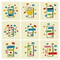 Set of  smartphones with various images. Communication, social networking concept. Communication, social networking concept. Vector illustration in flat style