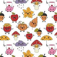 Seamless pattern with Cute happy funny characters with kawaii eyes. Cartoon cheerful fall mascot vector