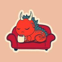 Vector Stock Illustration isolated Emoji character cartoon dragon dinosaur lying on the sofa with a cup sticker emoticon for site, info graphics, video, animation.