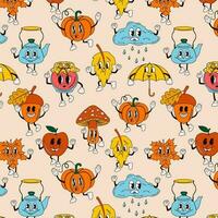 Seamless pattern with Cute happy funny 30s cartoon mascots fall character 40s, 50s, 60s old animation style. vector