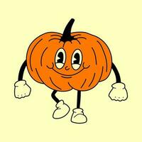 Pumpkin 30s cartoon mascot character 40s, 50s, 60s old animation style. Cartoon cheerful halloween mascot vector