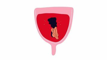 Frauen schwimmen im Menstruation- Tasse. Mädchen haben Menstruation- Zeitraum, Menstruation. Video eben Karikatur Animation Design Element. Alpha Kanal Transparenz zum Netz Design