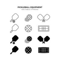 Set of pickleball equipment Icons. Simple line art and silhouette style icons pack. vector