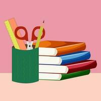 pencil, scissors, ruler and a stack of books vector