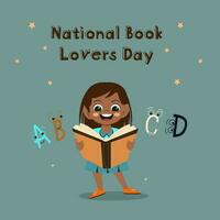 National Book Lovers Day illustration. Cute little girl reader icon. African american girl reading a book icon. Sweet baby girl with book cartoon character. Book Lovers Day Poster, August 9 vector