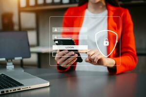 Cyber security concept, Login, User, identification information security and encryption, secure access to user's personal information woman using smart phone and tablet photo