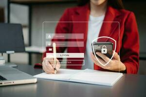 Cyber security concept, Login, User, identification information security and encryption, secure access to user's personal information woman using smart phone and tablet photo