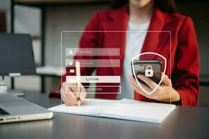 Cyber security concept, Login, User, identification information security and encryption, secure access to user's personal information woman using smart phone and tablet photo