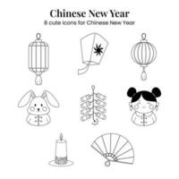 Chinese New Year icon lineart black white ready to color. Cute icon set vector