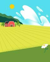 Landscape with a barn and flowers in sunny day. vector