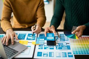 UX graphic designer planning application process development prototype wireframe for web smart phone. Creative digital development photo