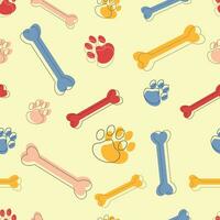 Cute seamless pattern with colorful pet paw and bone. Dog Bone vector dog paw doodle Seamless pattern isolated wallpaper background.