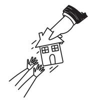 mano dibujado garabatear bancarrota persona luchando a sostener espalda su casa ilustración vector