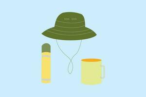 outdoor equipment icon illustration, with objects hat, flask, glass vector