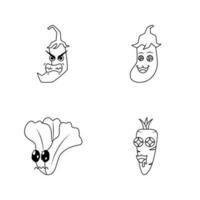 line art collection of chili, eggplant, carrot, mustard greens. outline, cartoon, emoticon style. sad, happy, angry, temted expression. use for logo, sticker, print, icon, symbol vector