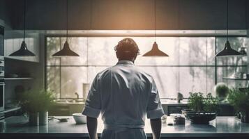 Back view of confident male chef standing in modern kitchen. photo