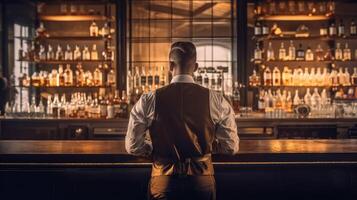 Rear view of young bartender standing at bar counter. Generative AI photo