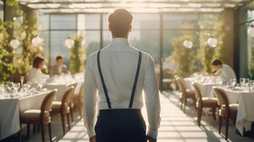 Rear view of waiter standing in restaurant. photo