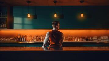 Rear view of young bartender standing at bar counter. photo