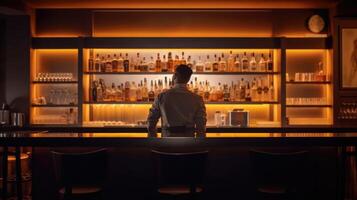 Rear view of young bartender standing at bar counter. photo