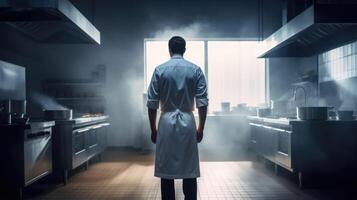 Back view of confident male chef standing in modern kitchen. Generative AI photo