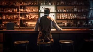 Rear view of young bartender standing at bar counter. photo