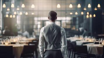 Rear view of waiter standing in restaurant. photo