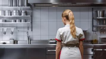 Dish washing woman standing alone in the kitchen, photo