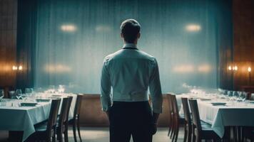 Rear view of waiter standing in restaurant. photo