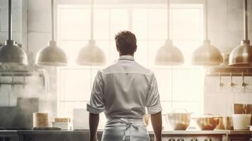 Back view of confident male chef standing in modern kitchen. photo