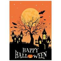 Happy Halloween poster with full moon, tree, bat, pumpkin . halloween party illustration vector. vector