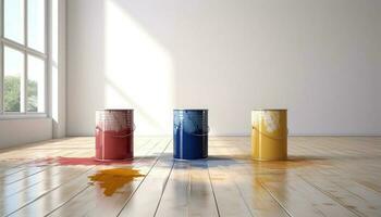 Paint cans on the floor in an empty room, apartment renovation concept photo