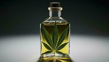 Medical cannabis cbd oil in glass bottle and leafs photo