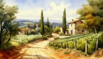Watercolor landscape with a vineyard and a house photo