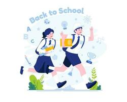 Back to School concept illustration. Children in school uniforms with backpacks running happily back to school vector