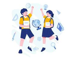 Back to School concept illustration. Happy student Boy and Girl with backpacks are jumping together. Happy to go Back to school vector