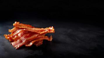 Pork bacon on black background with a place for text, generative AI photo