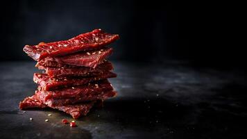 Beef jerky stack isolated on dark background with copy space, photo