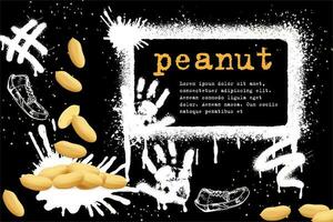 Vector peanut kernels on a black background with graffiti elements