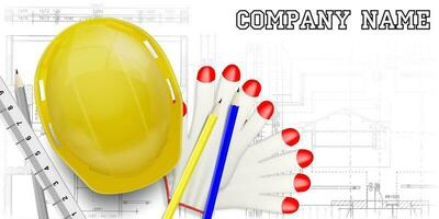 Design for decoration of a construction company with elements of tools and protective equipment vector