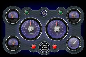 Dashboard from retro car with blue glow. vector