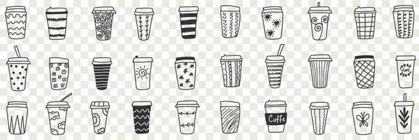 Reusable eco friendly glasses doodle set. Collection of hand drawn glasses and thermos for hot and cold drinks with various patterns eco-friendly cups isolated on transparent vector