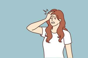 Irritated woman making face palm gesture after learning about delay in delivery from courier. Irritated girl puts hand on forehead showing anxiety and fatigue associated with psychological pressure vector