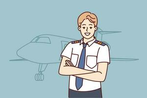 Man pilot of airplane stands with arms crossed near airliner inviting to buy new airline ticket. Confident guy airliner captain or aircraft pilot posing before departure from airport vector