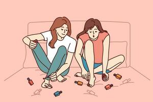 Two girls paint nails sitting on bed and doing pedicure before going to beach or party. Women friends paint toenails with varnish of different colors, wanting to be beautiful and elegant. vector