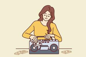 Woman inserts tape cassette into player to turn on music and start party in retro style. Happy girl with cassette recorder with smile chooses audio recording with songs from own collection vector