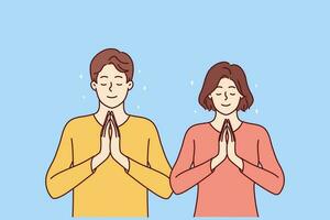 Praying man and woman fold palms in front of chests for joint prayer and religious ritual. Religious areni and girl with smile pray to god asking almighty for help in solving problems vector