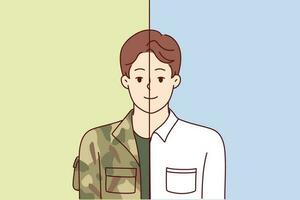 Man in military and office clothes simultaneously symbolizes dismissal from army and beginning of civilian career. Guy is former military man who became manager or opened own business vector